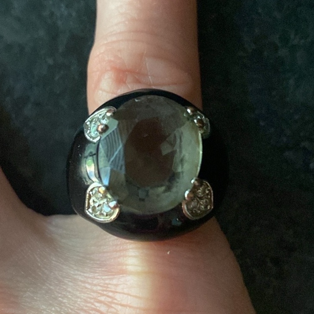 Smoke‎ topaz, silver, and Black enamel dome ring